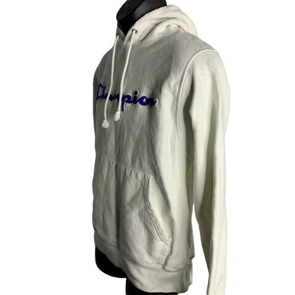 Vintage Champion Reverse Weave Hoodie S White Patch Pullover Kangaroo Pocket - Picture 3 of 6
